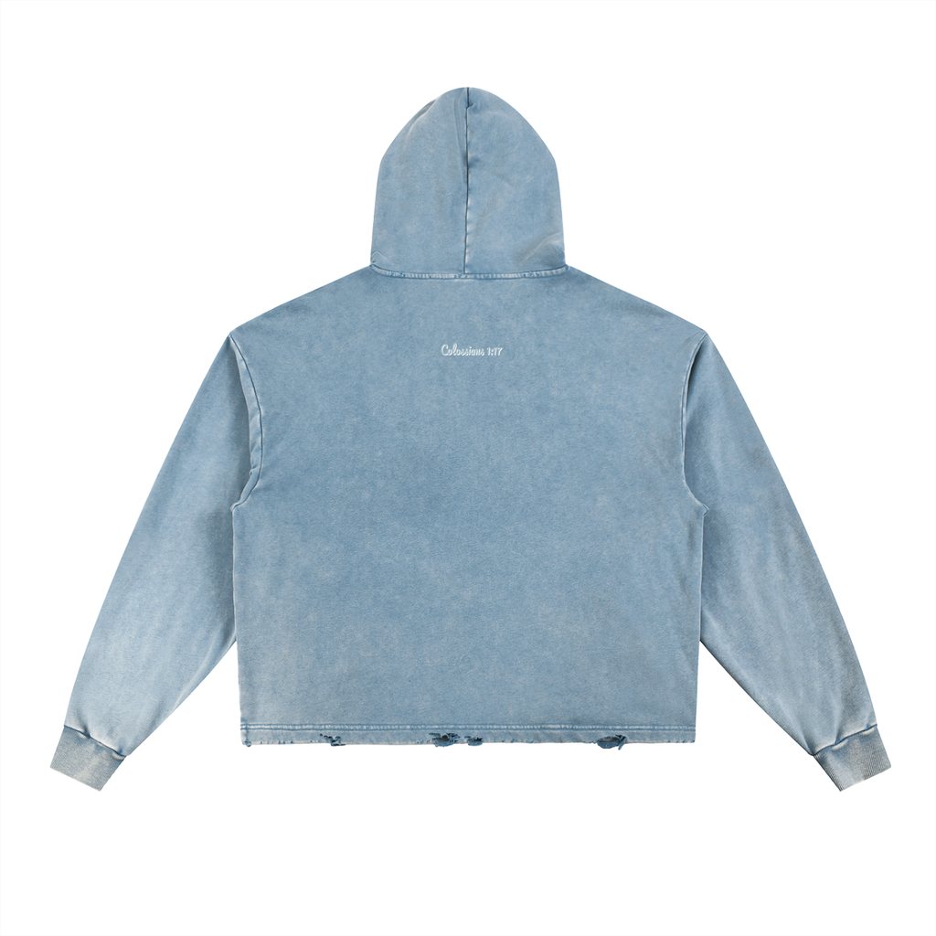 Blue "He Reigns" Vintage Washed Frayed-Hem Hoodie