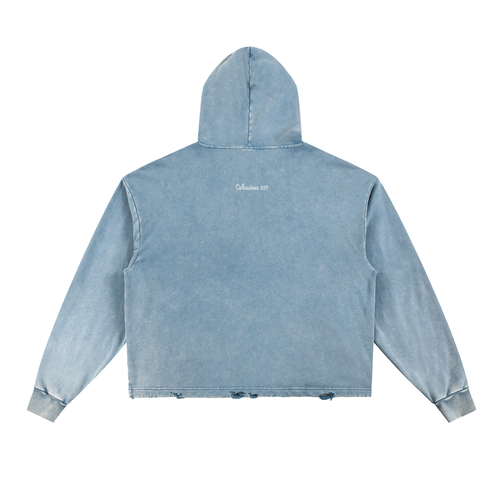 Blue "He Reigns" Vintage Washed Frayed-Hem Hoodie